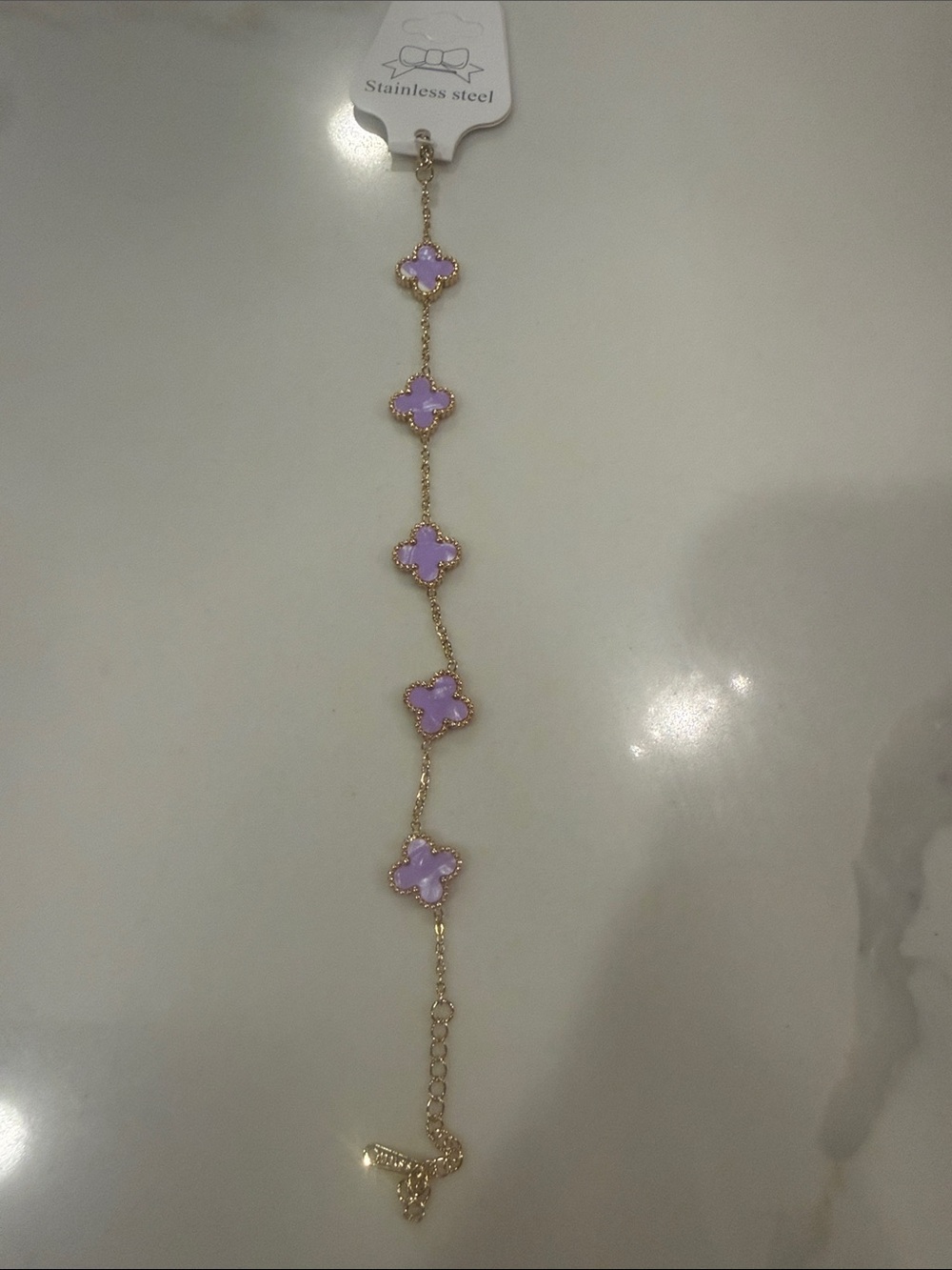 Gold Stainless Steel Bracelet with Lavender Clover Accents
